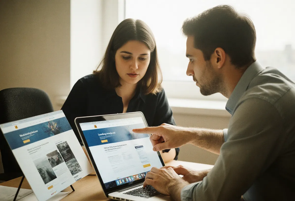 Dos personas de un equipo de marketing comparando dos versiones de una landing page en un portátil, señalando la pantalla junto a la ventana de la oficina