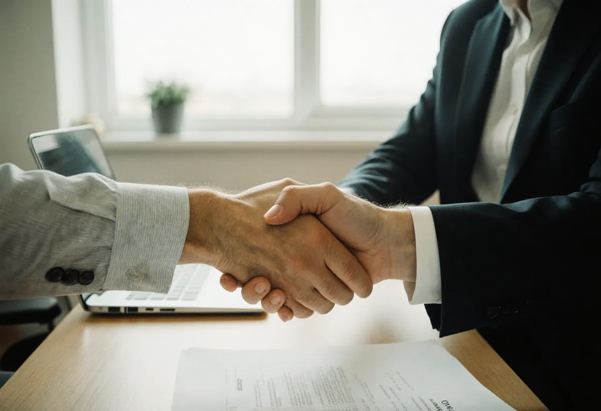 Un apretón de manos cordial sobre el escritorio de una consultoría al recibir a un cliente nuevo, con portátil y documentos sobre la mesa