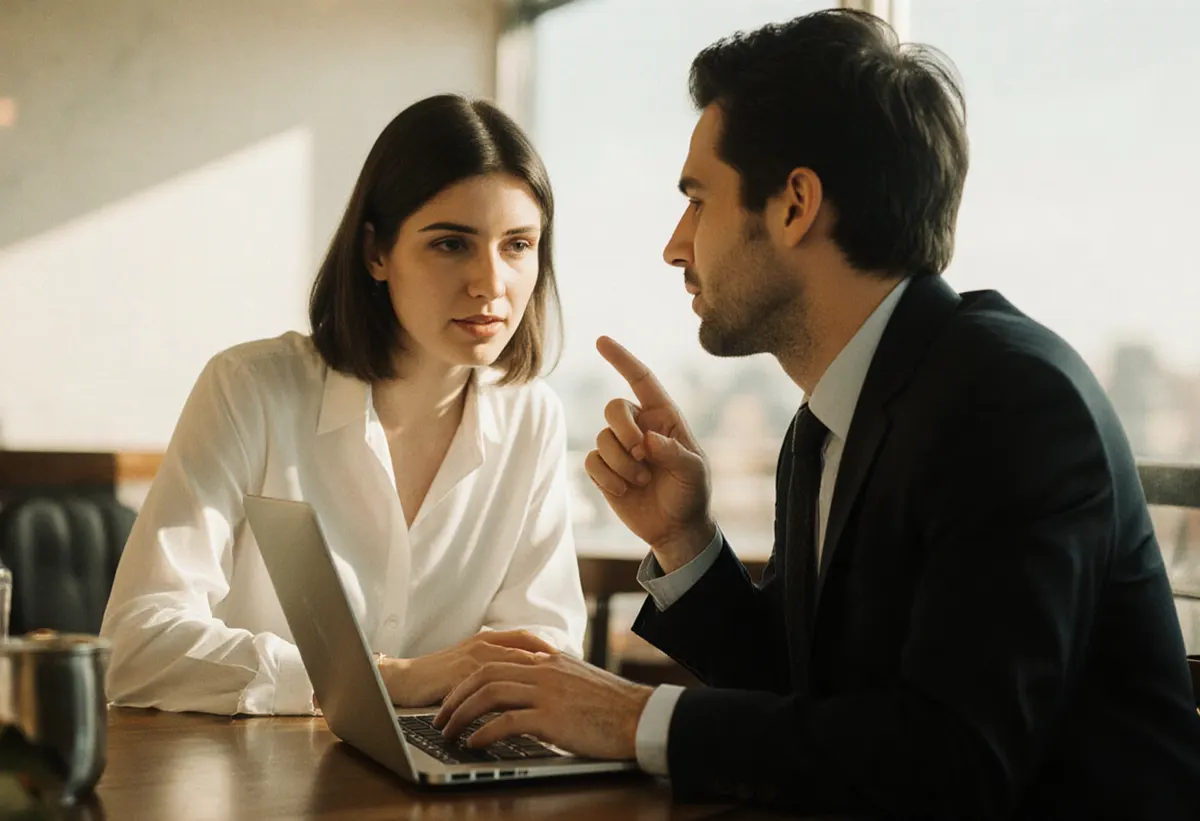 Consultor de marketing explicando los resultados a un cliente frente a un portátil en una mesa de café, a la luz de la tarde