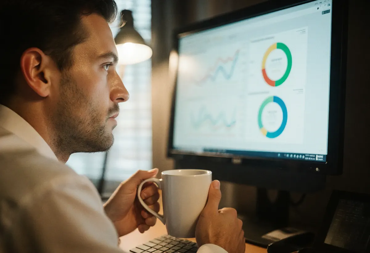 Un especialista en marketing revisando un panel de resultados en un monitor con un café en la mano al final del día