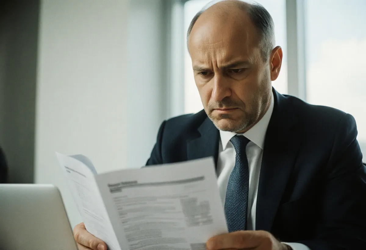 Un dueño de negocio leyendo con escepticismo un informe mensual impreso en su escritorio junto al portátil