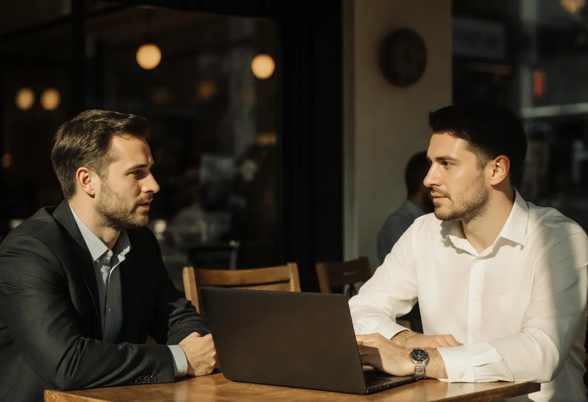Un consultor y un dueño de negocio conversando frente a frente en una mesa de cafetería con un portátil entre ellos