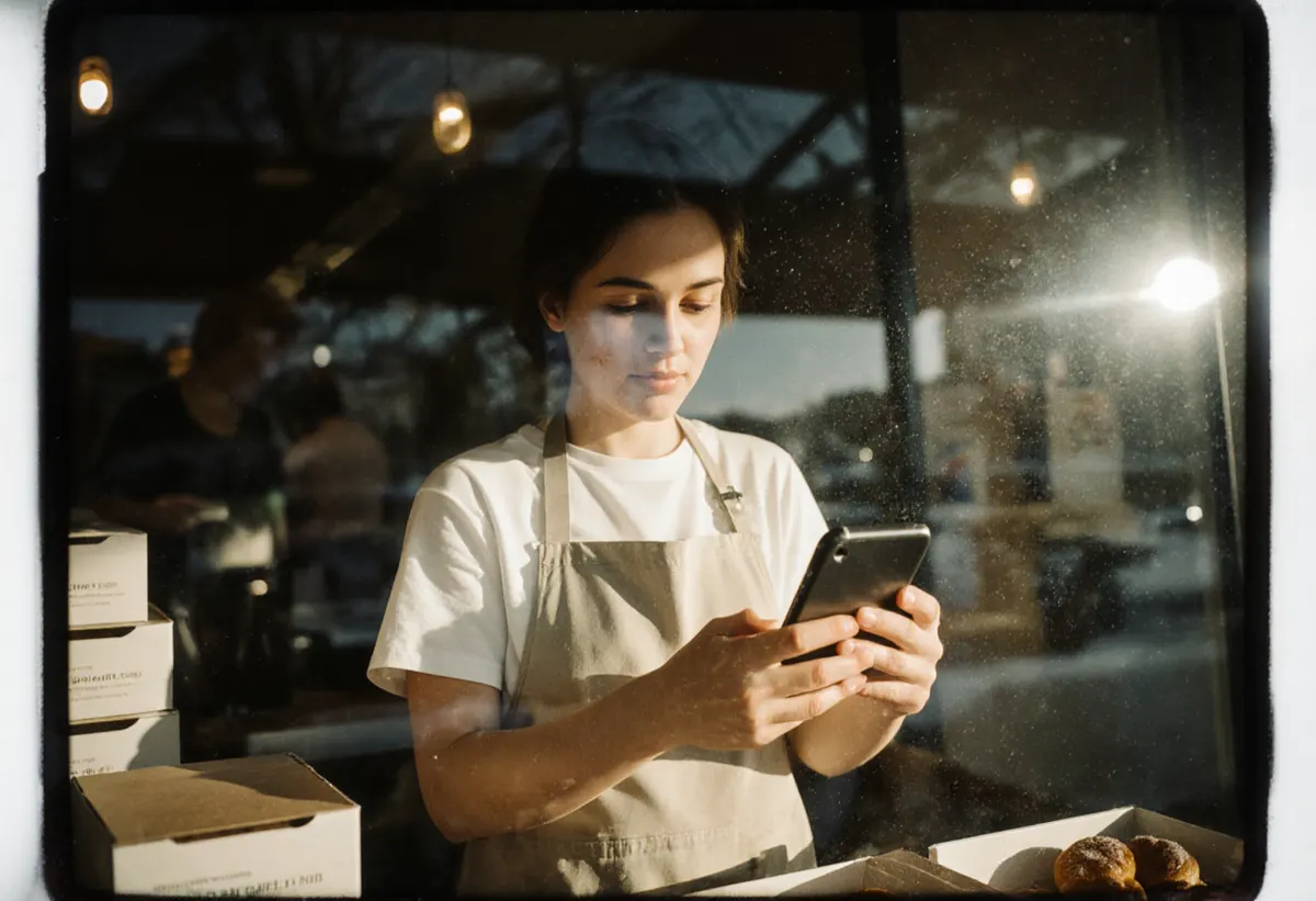 Dueña de una panadería respondiendo mensajes de clientes por el celular mientras atiende su local