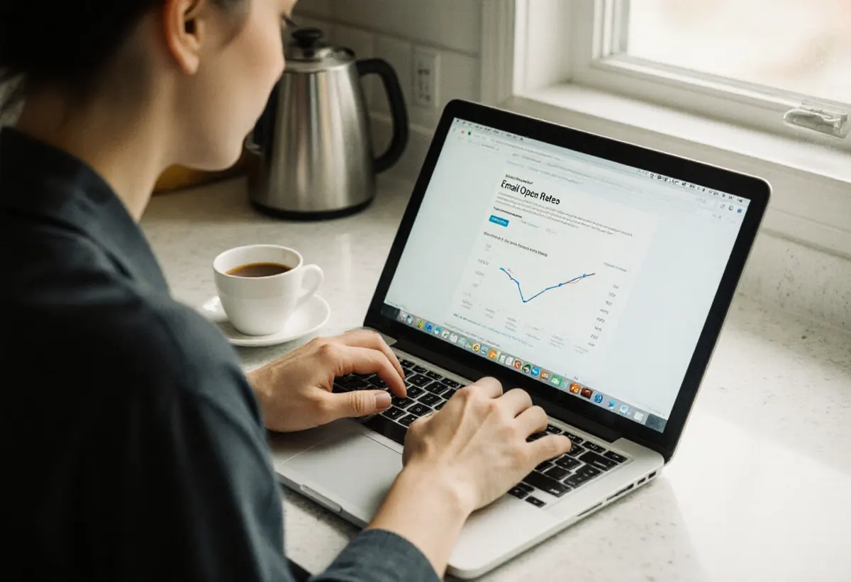 Un dueño de negocio revisando las tasas de apertura de sus emails en el portátil con un café en la encimera de la cocina