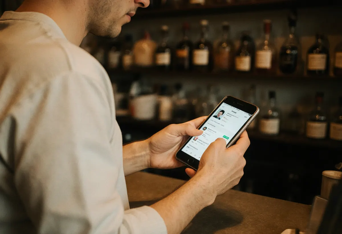 Una dueña de tienda actualizando su perfil de empresa en el smartphone detrás del mostrador con luz cálida