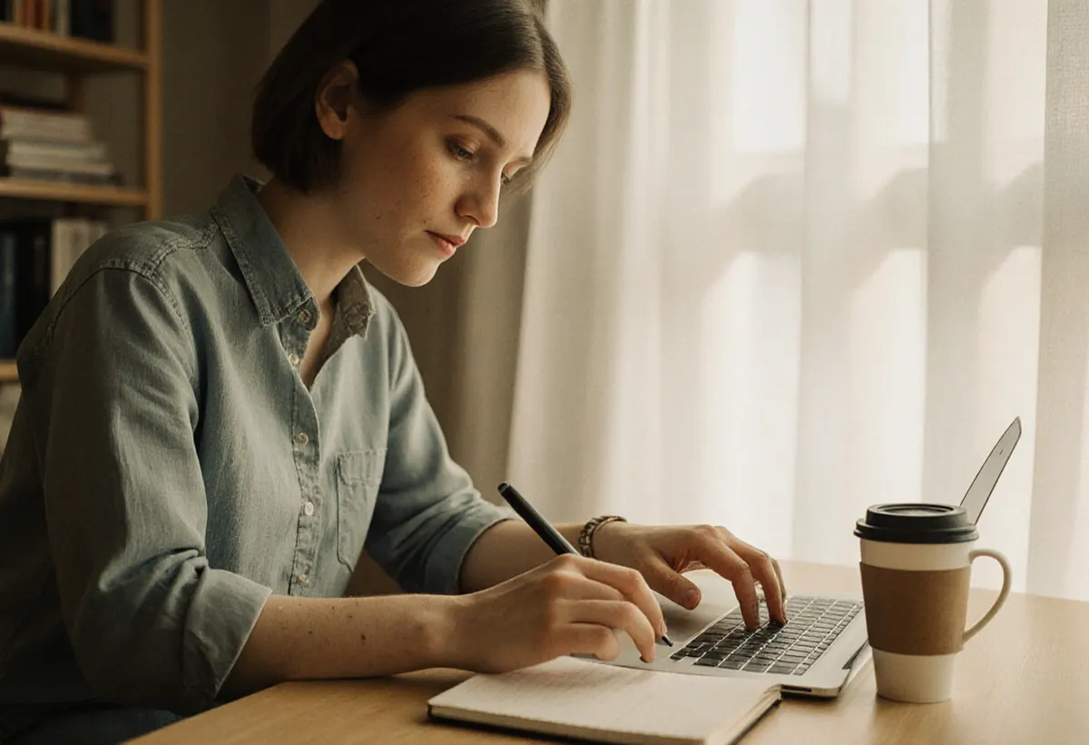 Un especialista en marketing probando una herramienta de escritura con IA en el portátil con un café y una libreta cerca