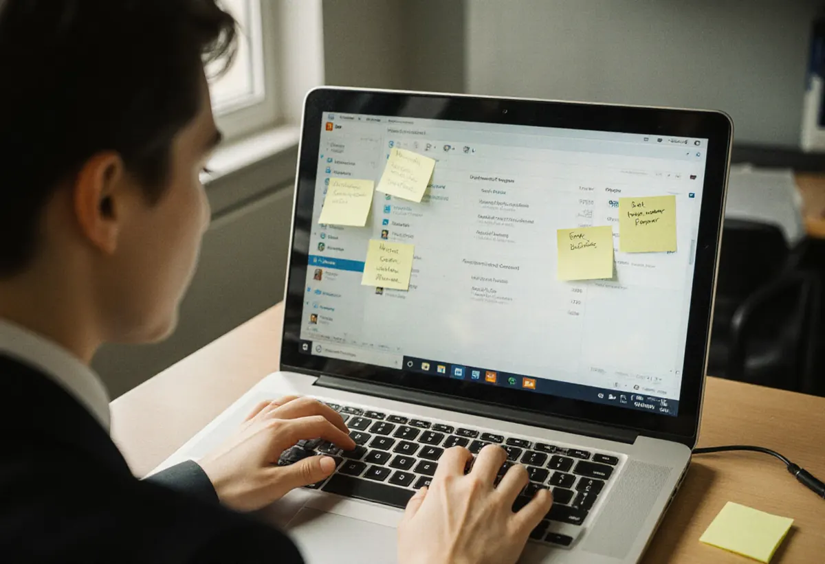 Un comercial organizando contactos en un CRM en el portátil con notas adhesivas pegadas al monitor