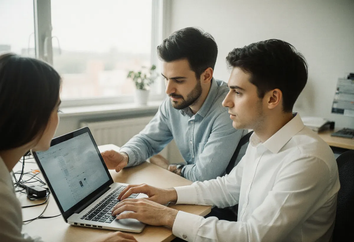 Una responsable de equipo mostrando apps de IA en el portátil a dos compañeros en una oficina informal