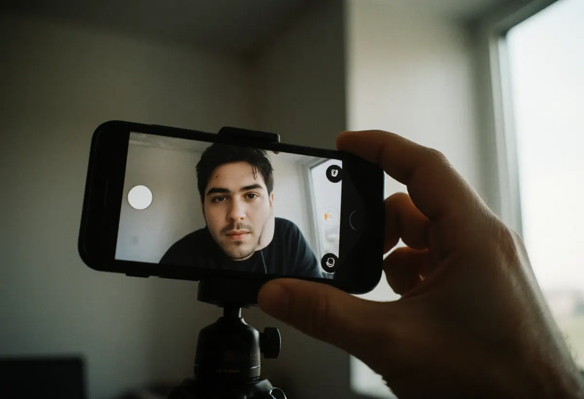 Un fundador grabándose en un vídeo corto con el móvil en un trípode sobre su escritorio con luz natural