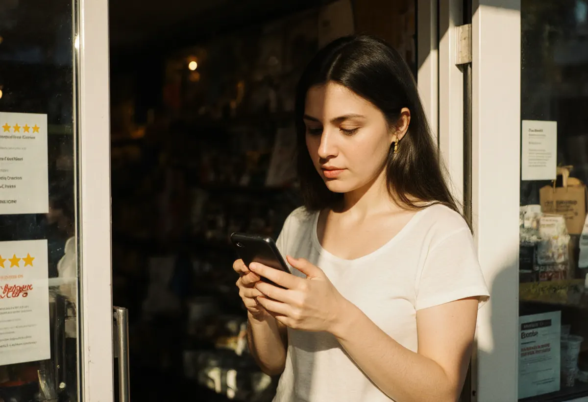 Dueña de una tienda de barrio revisando las reseñas de su negocio en el teléfono, junto a su escaparate a la luz de la tarde