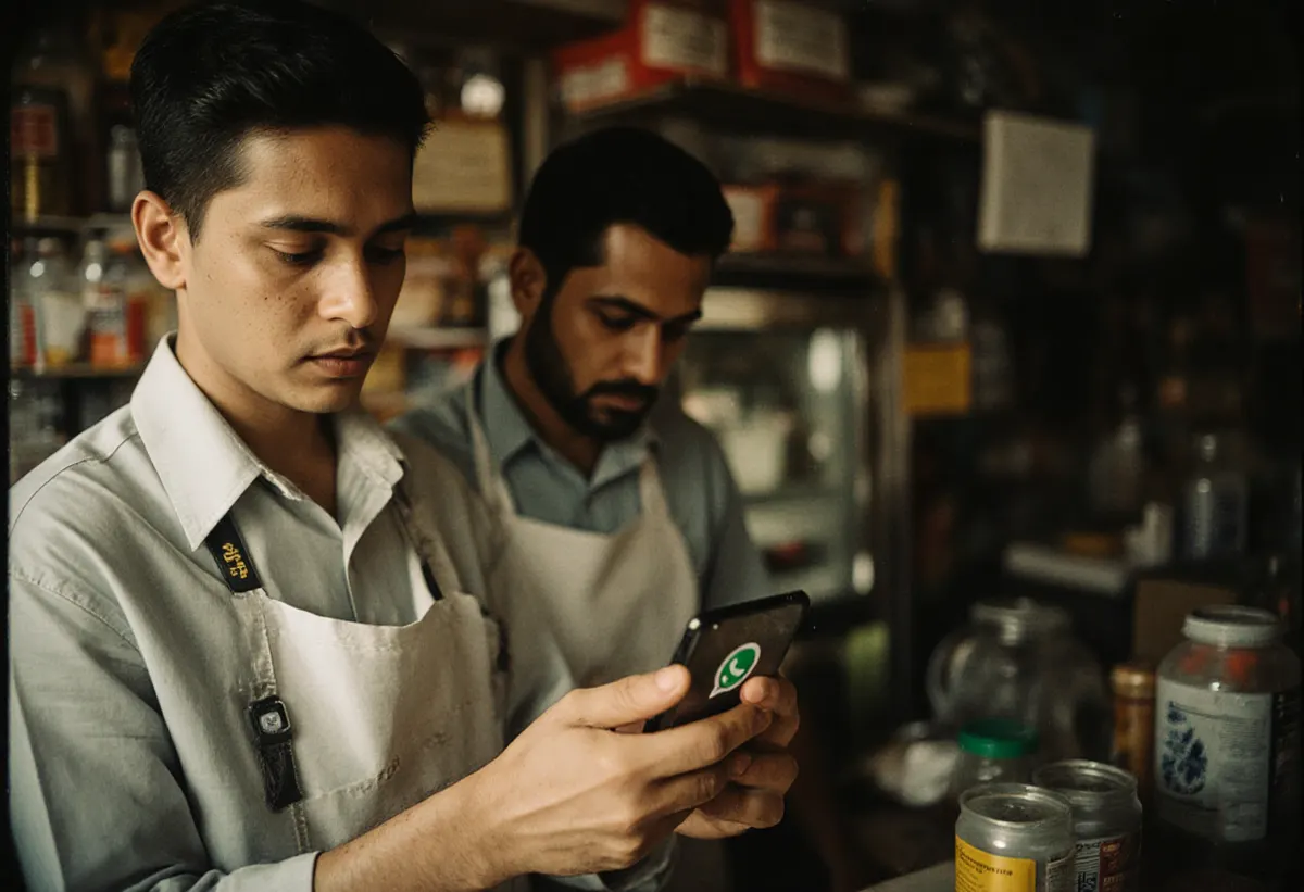 Una dueña de tienda respondiendo a clientes por WhatsApp en el smartphone detrás del mostrador con luz cálida