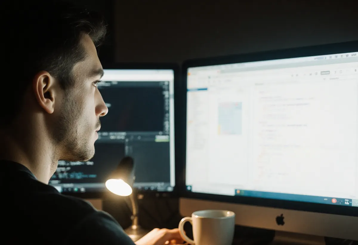 Un desarrollador comparando dos versiones de una web en doble monitor con una taza de café bajo la luz de una lámpara